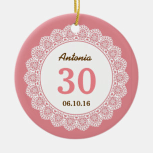 30th Birthday Memento Shell Pink met White Lace 7 Keramisch Ornament