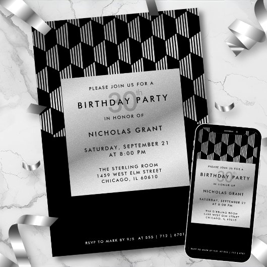 30th Birthday Modern Black Faux Silver Foil Kaart