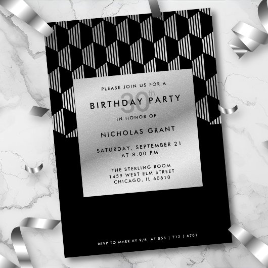 30th Birthday Modern Black Faux Silver Foil Kaart