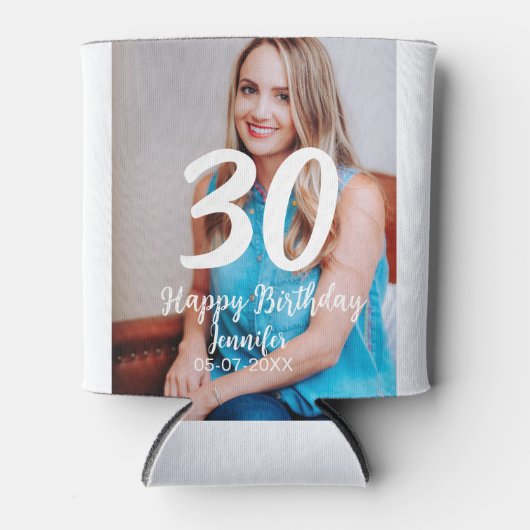 30th Birthday Naam toevoegen Datum Jaar Wit Foto Blikjeskoeler (Voorkant)