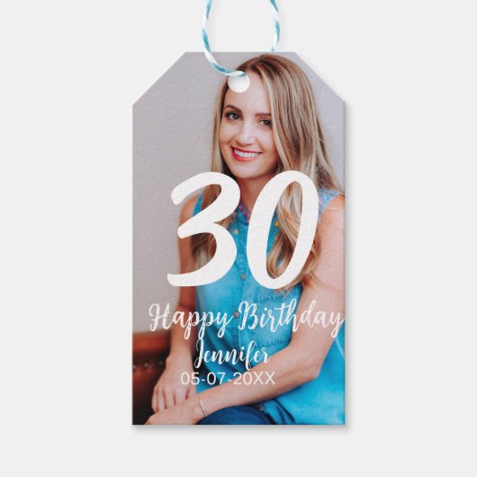 30th Birthday Naam toevoegen Datum Jaar Wit Foto Cadeaulabel (Voorkant)