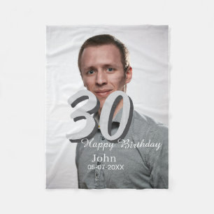 30th Birthday Naam toevoegen Datum Jaar Wit Foto Fleece Deken