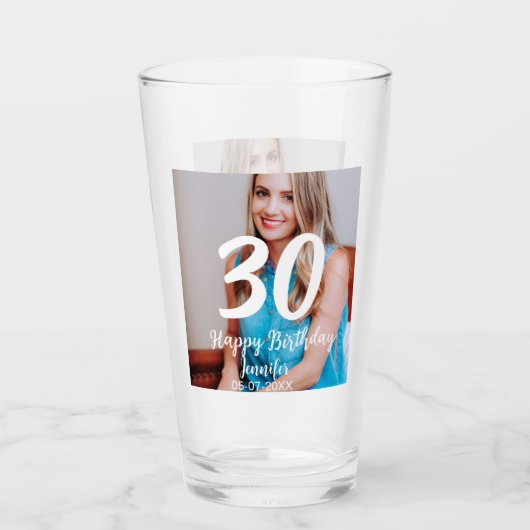 30th Birthday Naam toevoegen Datum Jaar Wit Foto Glas (Voorkant)