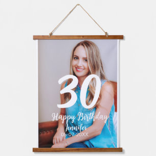 30th Birthday Naam toevoegen Datum Jaar Wit Foto Hangend Wandkleed
