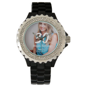 30th Birthday Naam toevoegen Datum Jaar Wit Foto Horloge