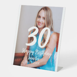 30th Birthday Naam toevoegen Datum Jaar Wit Foto Reclamebord Met Voetstuk