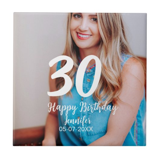 30th Birthday Naam toevoegen Datum Jaar Wit Foto Tegeltje (Voorkant)