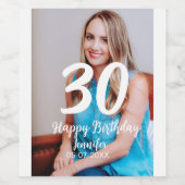 30th Birthday Naam toevoegen Datum Jaar Wit Foto Wijn Etiket (Enkel label)