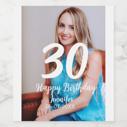 30th Birthday Naam toevoegen Datum Jaar Wit Foto Wijn Etiket (Enkel label)
