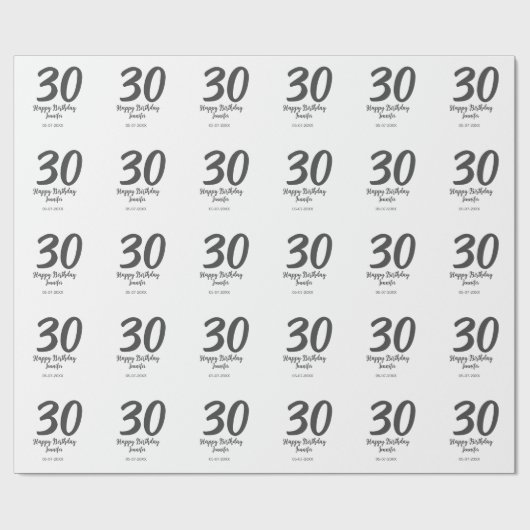 30th Birthday Naam toevoegen Datum Jaar Zwarte sja Cadeaupapier (Vlak)