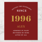 30th Birthday Name 1996 Red Gold Elegant Chic Wijn Etiket (Enkel label)