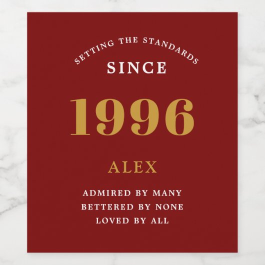 30th Birthday Name 1996 Red Gold Elegant Chic Wijn Etiket (Enkel label)