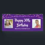 30th Birthday Paars String Lights Foto naam Spandoek<br><div class="desc">Viel een 30e verjaardag en/of decoreer voor een paarse partij met dit bannerteken met twee foto's (misschien THEN en NU foto's) en een grens van kleurrijke snaarlichten. EDITABELE KLEUR: De paarse achtergrondkleur kan worden veranderd om met uw regeling van de partijkleur te coördineren door op VERDERE AANPASSING te klikken. FOTOTIP:...</div>