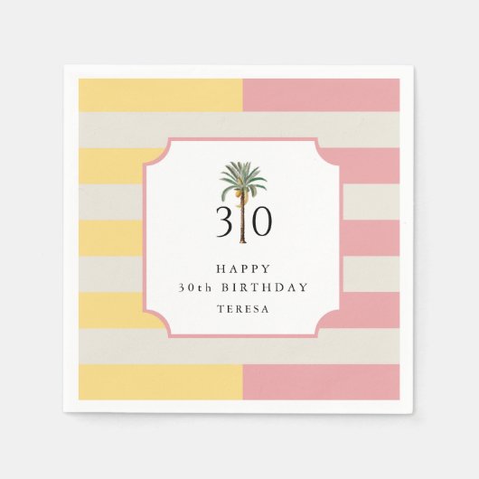 30th Birthday Palm Beach Pastel Stripe Tropical Servet (Voorkant)