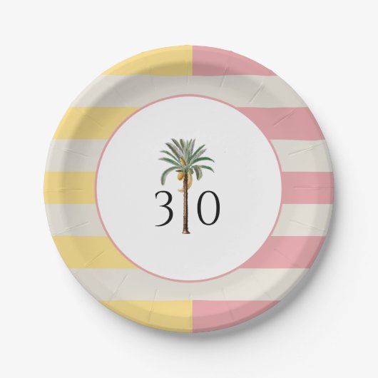 30th Birthday Palm Beach Tropical Pastel Stripe Papieren Bordje (Voorkant)