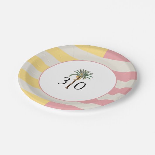 30th Birthday Palm Beach Tropical Pastel Stripe Papieren Bordje (Gekanteld)