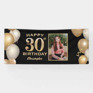 30th Birthday Party Black and Gold Balloons Foto Spandoek