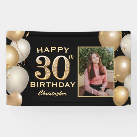30th Birthday Party Black and Gold Balloons Foto Spandoek (Horizontaal)