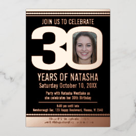 30th Birthday party black and roos gold folie foto Uitnodiging