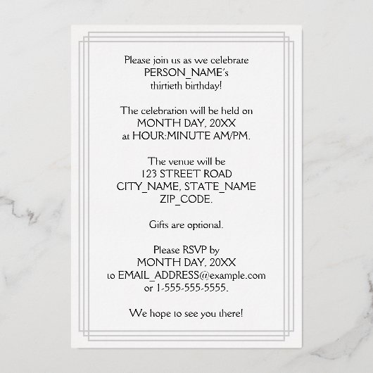 30th Birthday Party — Elegant Script + aangepaste Folie Uitnodiging (Achterkant)