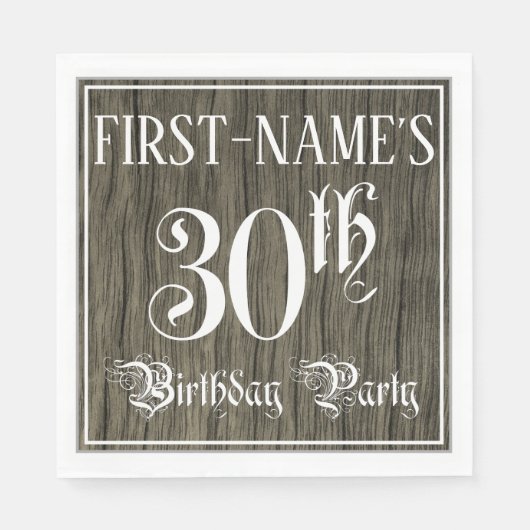30th Birthday Party — Fancy script, Faux Wood Kijk Servet (Voorkant)
