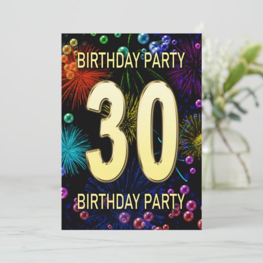 30th Birthday Party Invitation Fireworks Bubbles Kaart (Staand voorkant)