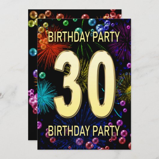 30th Birthday Party Invitation Fireworks Bubbles Kaart (Voorkant / Achterkant)
