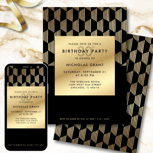 30th Birthday Party Modern Black and Gold Foil Kaart