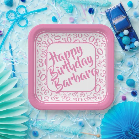 30th Birthday Party Number Pattern Pink/White Papieren Bordje (Feest)