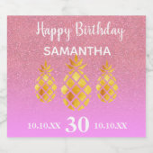 30th birthday party pineapples rose gold pink name sparkling wijnetiket (Enkel label)