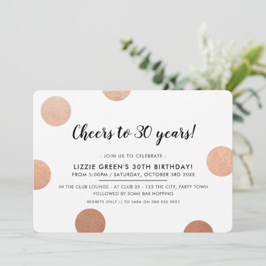 30TH BIRTHDAY PARTY stijlvolle rozen gouden polka  Kaart (Staand voorkant)