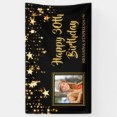30th Birthday Photo Black Gold Stars Personalized Spandoek (Verticaal)