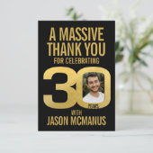 30th birthday photo thanks black and gold  bedankkaart (Staand voorkant)