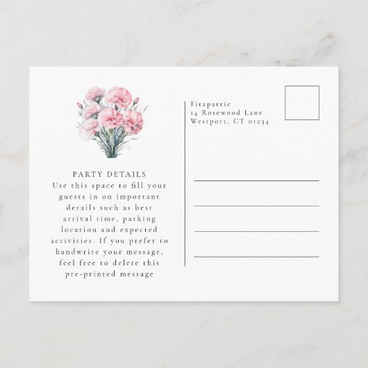 30th Birthday Pink Carnation January Birth Flower Uitnodiging Briefkaart (Achterkant)