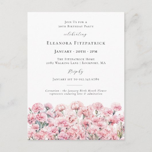 30th Birthday Pink Carnation January Birth Flower Uitnodiging Briefkaart (Voorkant)
