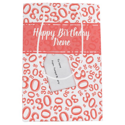 30th Birthday Random Number Pattern Coral/White Medium Cadeauzakje (Voorkant)