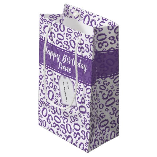 30th Birthday Random Number Pattern Purple/White Klein Cadeauzakje (Voorkant Gekanteld)