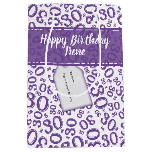 30th Birthday Random Number Pattern Purple/White Medium Cadeauzakje (Voorkant)