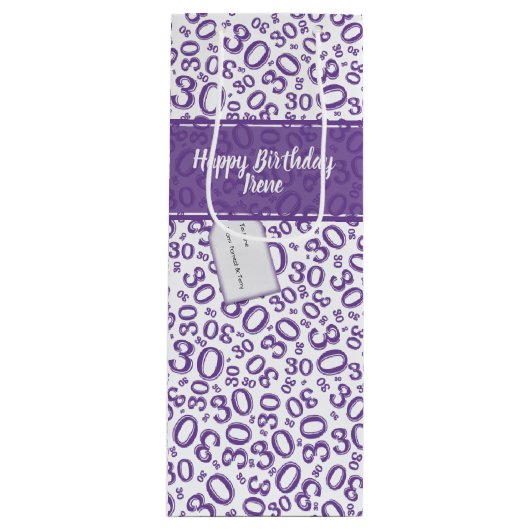 30th Birthday Random Number Pattern Purple/White Wijn Cadeautas (Voorkant)