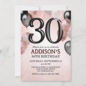 30th Birthday Roos Gold Balloons Invitation Kaart (Voorkant)