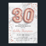 30th Birthday - Roos gouden ballonnen marmeren eff Kaart<br><div class="desc">Uitnodiging voor het 30e verjaardagsfeestje. Elegant ontwerp in faux glitter roos goud met grijs marmer effect. De uitnodigingskaart heeft een gouden nummer van 30 ballonnen en een scriptlettertype. Perfect voor een stijlvolle dagviering. Stuur me een bericht als je aangepaste leeftijd nodig hebt.</div>