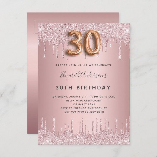 30th Birthday roze stoffige roos glitter druppelt  Uitnodiging Briefkaart (Voorkant / Achterkant)