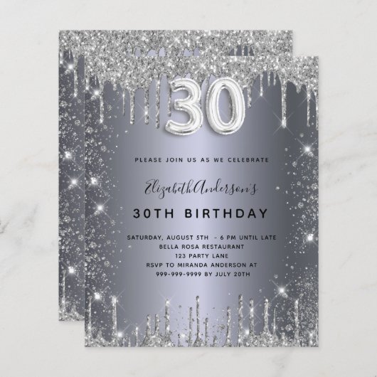 30th birthday silver glitter uitnodiging (Voorkant / Achterkant)