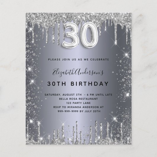 30th birthday silver glitter uitnodiging (Voorkant)