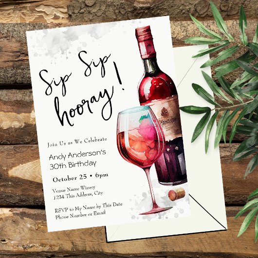 30th Birthday Sip Sip Hooray Wine Invitation Kaart