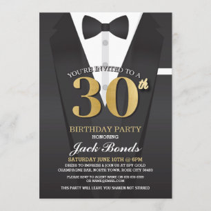 30th Birthday Spy Suit Black stropdas Gold Invitat Kaart