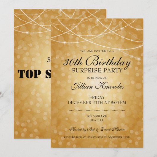 30th Birthday Surprise Party Brass String Lights Kaart (Voorkant / Achterkant)