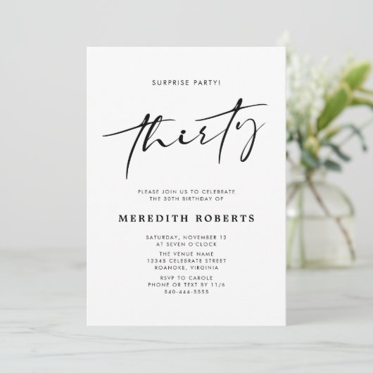 30th Birthday Surprise Party Chic Modern Script Kaart (Staand voorkant)