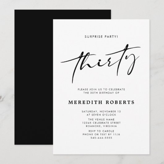 30th Birthday Surprise Party Chic Modern Script Kaart (Voorkant / Achterkant)