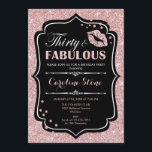 30th Birthday - Thirty Fabulous Roos Goud Zwart Kaart<br><div class="desc">Uitnodiging voor 30e verjaardag. Elegant zwart wit ontwerp met faux glitter roos goud. Beschikt over roze lippen kus,  confetti en script lettertype. Perfect voor een elegant verjaardagsfeestje. Dertig Fabulous! Stuur me een bericht als je verder moet worden aangepast.</div>